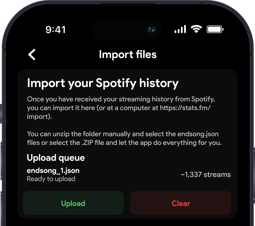 Screenshot of the stats.fm app with the "Import files" page in focus, with files in the upload queue