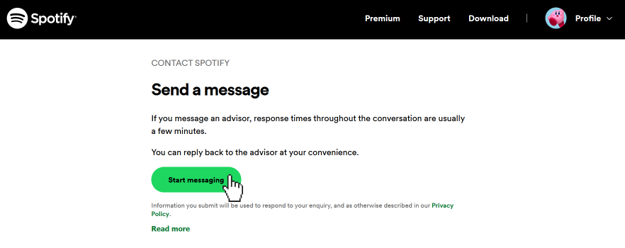 Página de chat en vivo de Spotify con un cursor sobre el botón de "Enviar un mensaje"