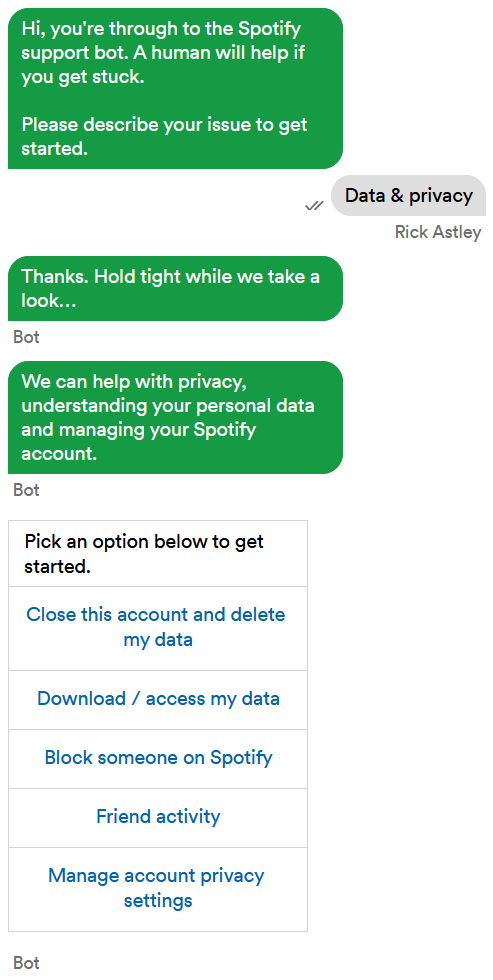 Imagen del chat en vivo de Spotify con el texto "Datos y privacidad" siendo escrito en el chat