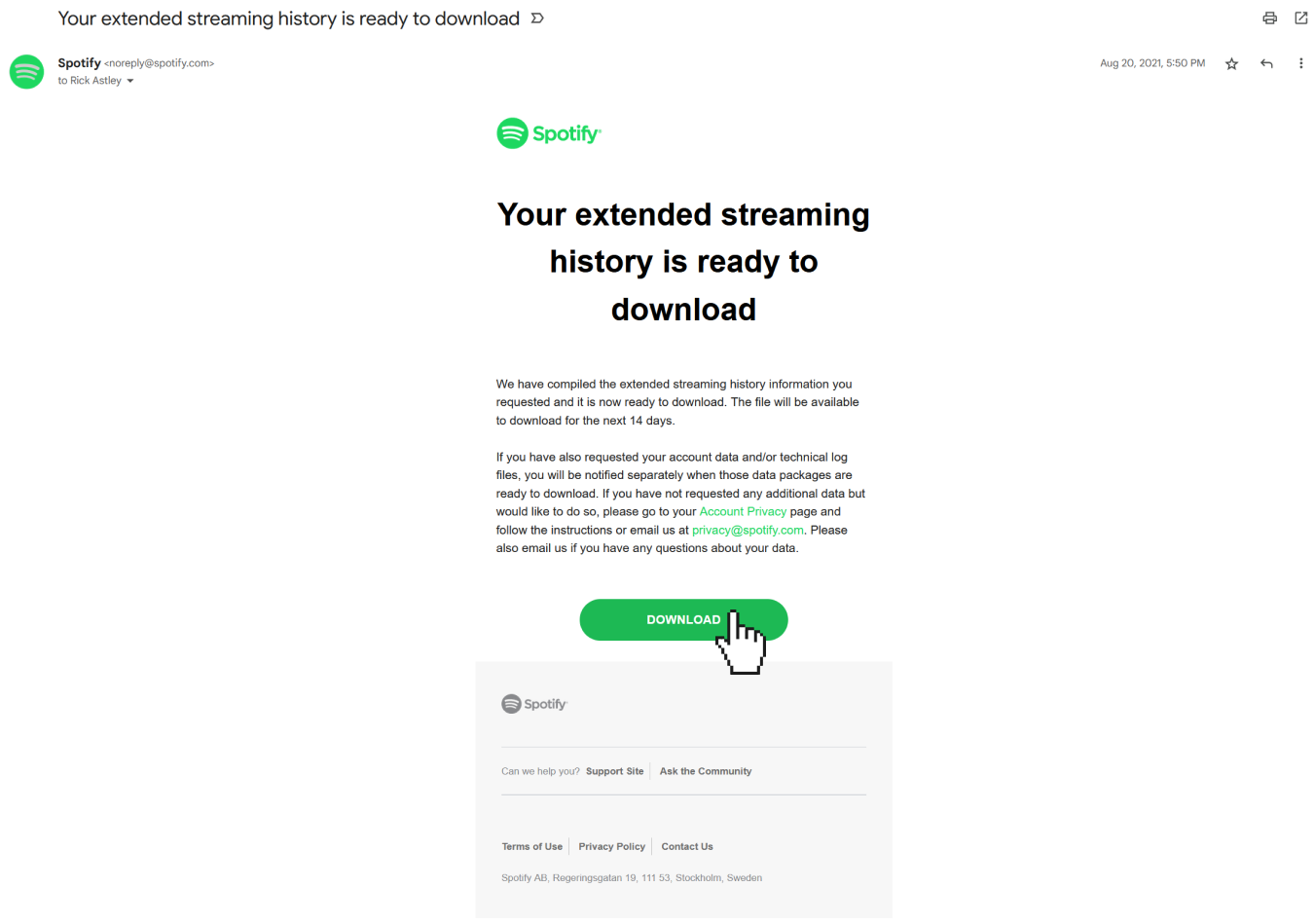 Extendend streaming history data in your mail inbox